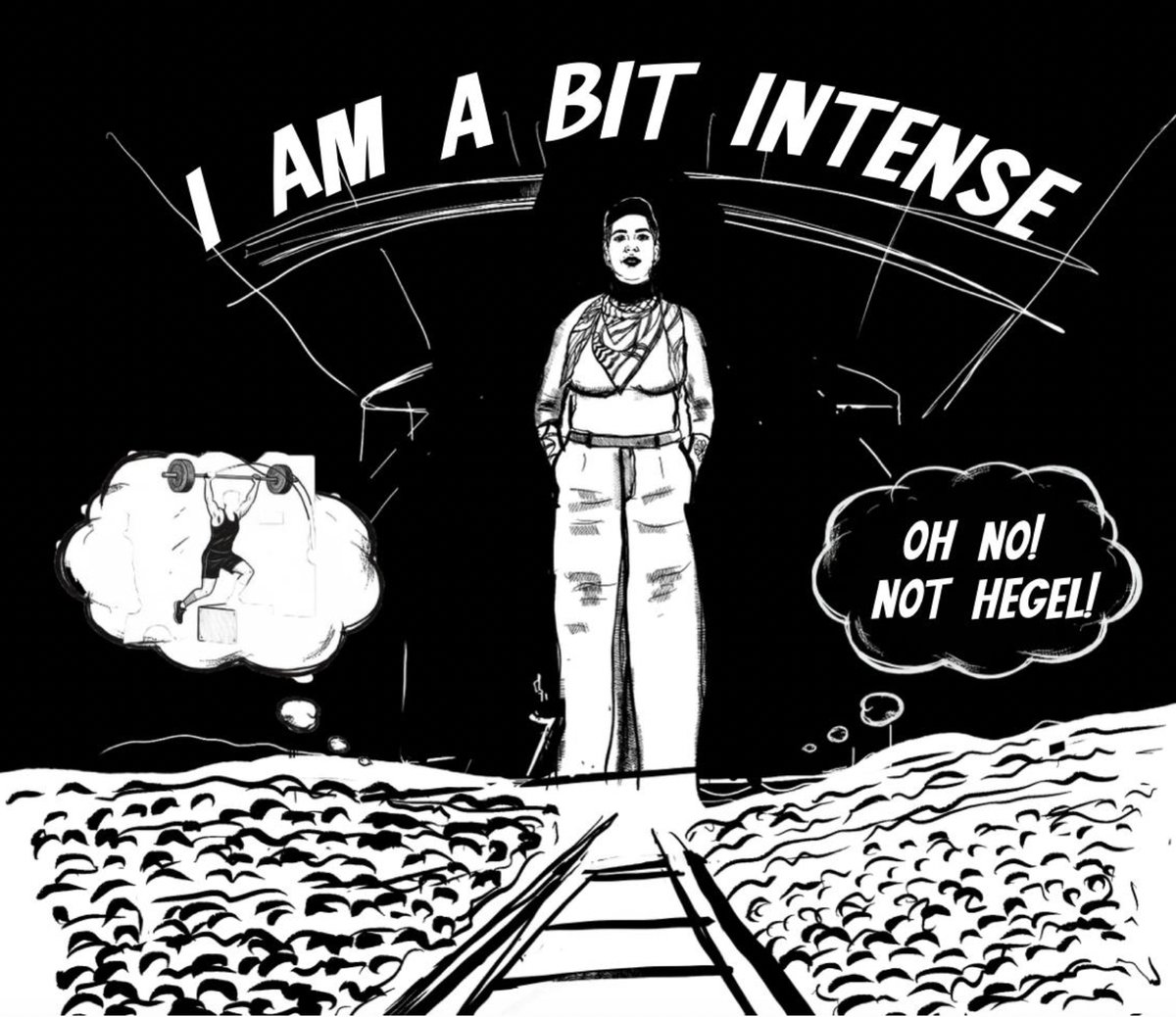 Illustrated comic panel of Maya El Helou captioned "I am a bit intense"